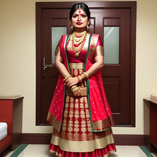 4k picture converter free - a woman in a red and gold indian outfit standing in front of a door with a red and gold outfit on, by Raja Ravi Varma