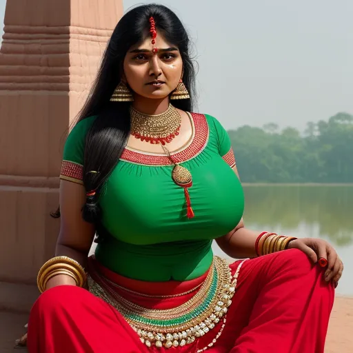 high quality photos online - a woman in a green top and red pants sitting on a ledge near a lake with a large pillar, by Botero