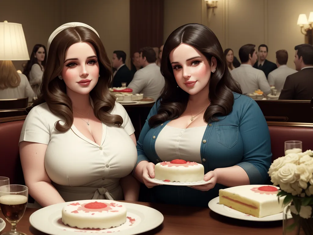 ai that creates any picture - two women sitting at a table with a cake and a glass of wine in front of them, both holding plates with cake on them, by Botero