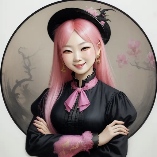 a woman with pink hair and a black hat is posing for a picture in a round frame with a cherry blossom tree, by Chen Daofu