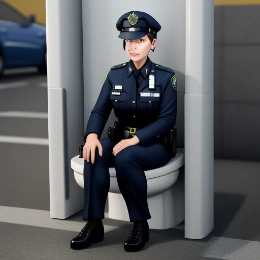 a police officer sitting on a toilet in a parking lot next to a car and a building with a blue car, by Billie Waters