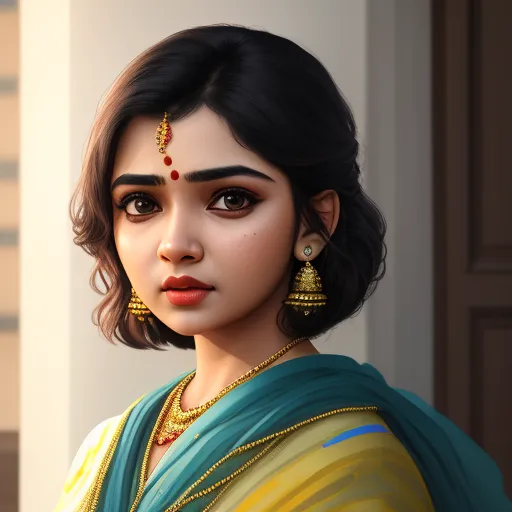 a digital painting of a woman wearing a sari and earrings with a brown background and a door in the background, by Daniela Uhlig