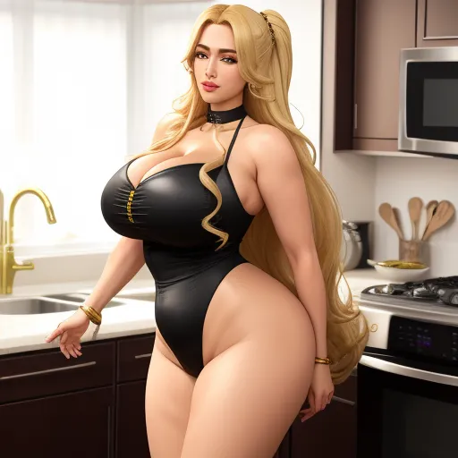 low quality photos - a very attractive woman in a black bodysuit posing in a kitchen with a stove and microwave behind her, by Sailor Moon