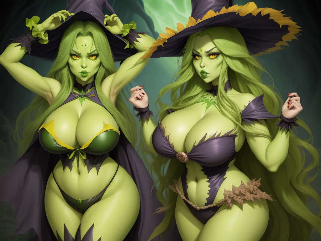 two sexy women dressed in witches costumes and holding a bat and a hat, both wearing green hair and green eyes, by Hanna-Barbera