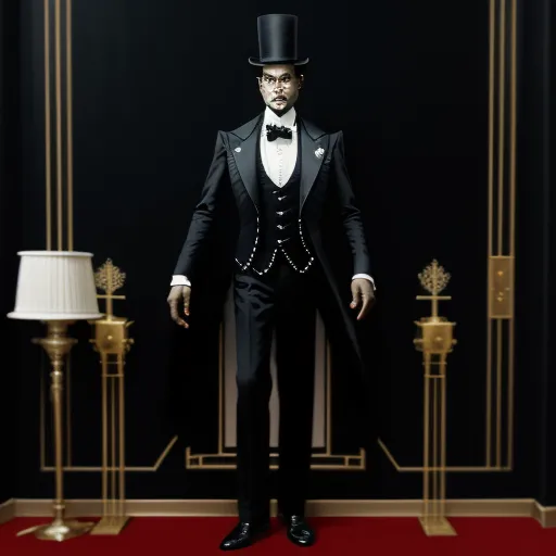 increasing resolution of image - a man in a tuxedo and top hat standing in front of a black wall with gold trim, by Terada Katsuya