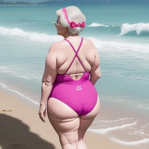 best ai image app - a woman in a pink swimsuit walking on the beach with a surfboard in her hand and a pink bow in her hair, by Hendrick Goudt