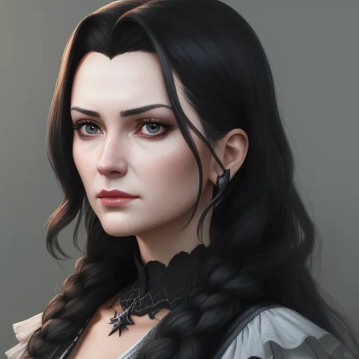 a woman with long black hair and a black collar and a white shirt with a star on it and a black bow, by Daniela Uhlig