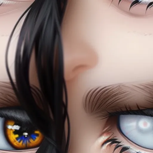 ai image generator text - a close up of a woman's eyes with long black hair and blue eyeshades with yellow and blue eyes, by NHK Animation