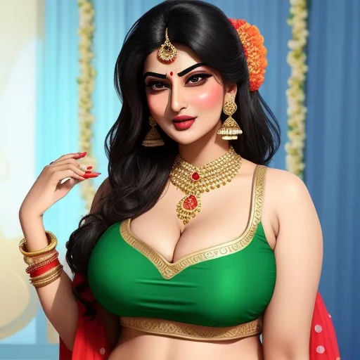 ai image generator text - a woman in a green bra with a red shawl and gold jewelry on her head and a red shawl on her shoulder, by Raja Ravi Varma