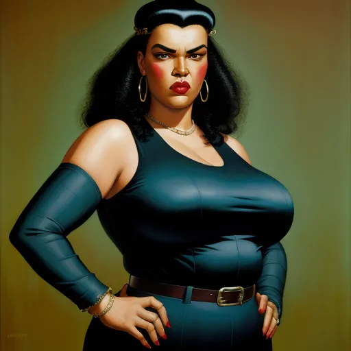 a painting of a woman with black hair and a black dress with a gold belt and a red lip, by Ernie Barnes