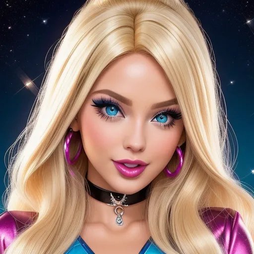 a barbie doll with blonde hair and blue eyes wearing a purple outfit and a choker with a star on it, by Lisa Frank