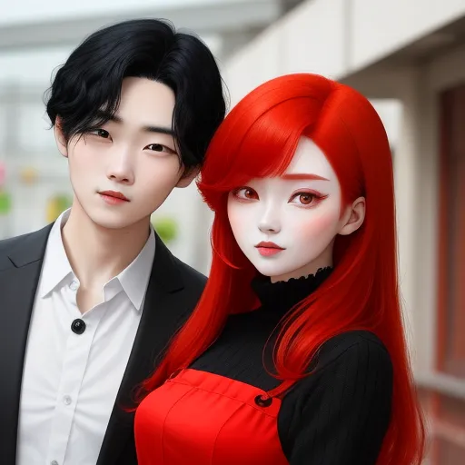 a couple of people standing next to each other near a building with a red hair and black suit on, by Sailor Moon