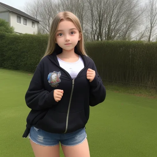 best ai text to image generator - a young girl standing on a green field wearing a black jacket and shorts with a dragon patch on the front, by Sailor Moon