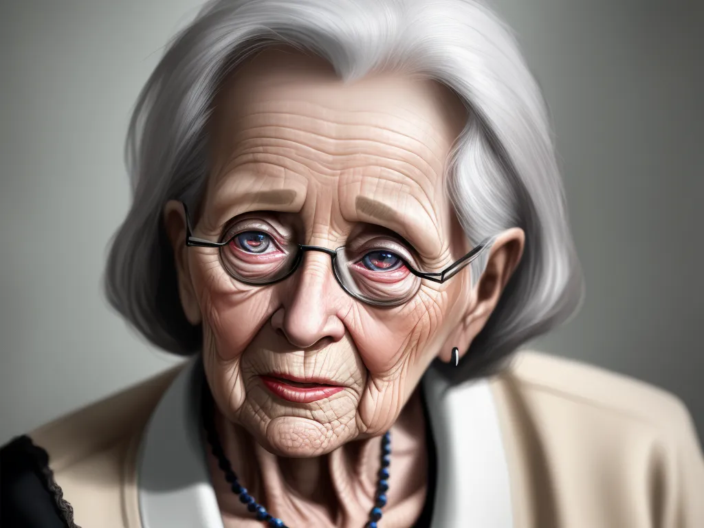 a painting of an elderly woman with glasses and a necklace on her neck, looking at the camera, with a serious look on her face, by Pixar Concept Artists