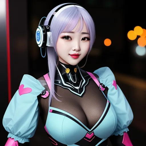 increase image resolution - a woman with headphones and a dress with a blue top and pink hair is posing for a picture, by Chen Daofu