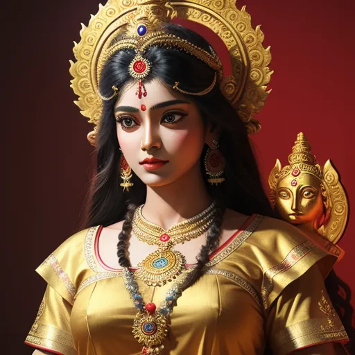 ai image generator names - a woman in a golden outfit with a mask on her head and a necklace on her neck and a gold mask on her head, by Raja Ravi Varma