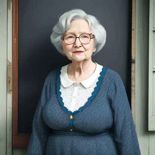 an older woman wearing glasses and a blue dress standing in front of a door with a black background and a white collar, by Julie Blackmon