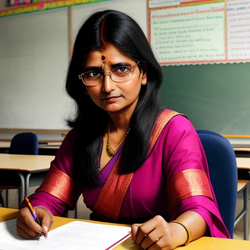 generate picture from text - a woman sitting at a desk with a pen and paper in her hand and a book in front of her, by Raja Ravi Varma