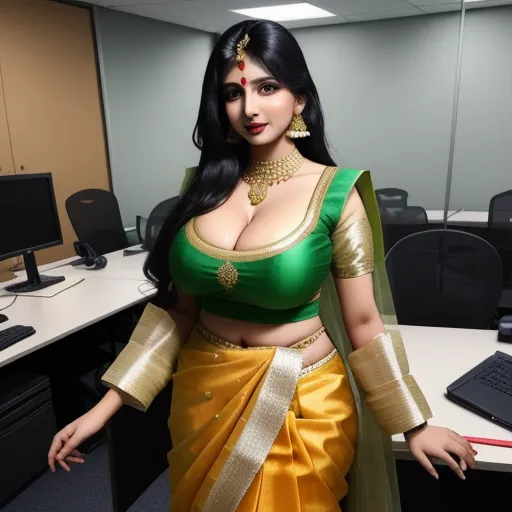 low quality photos - a woman in a green and gold sari posing for a picture in an office cubicle with a computer on the desk, by Raja Ravi Varma