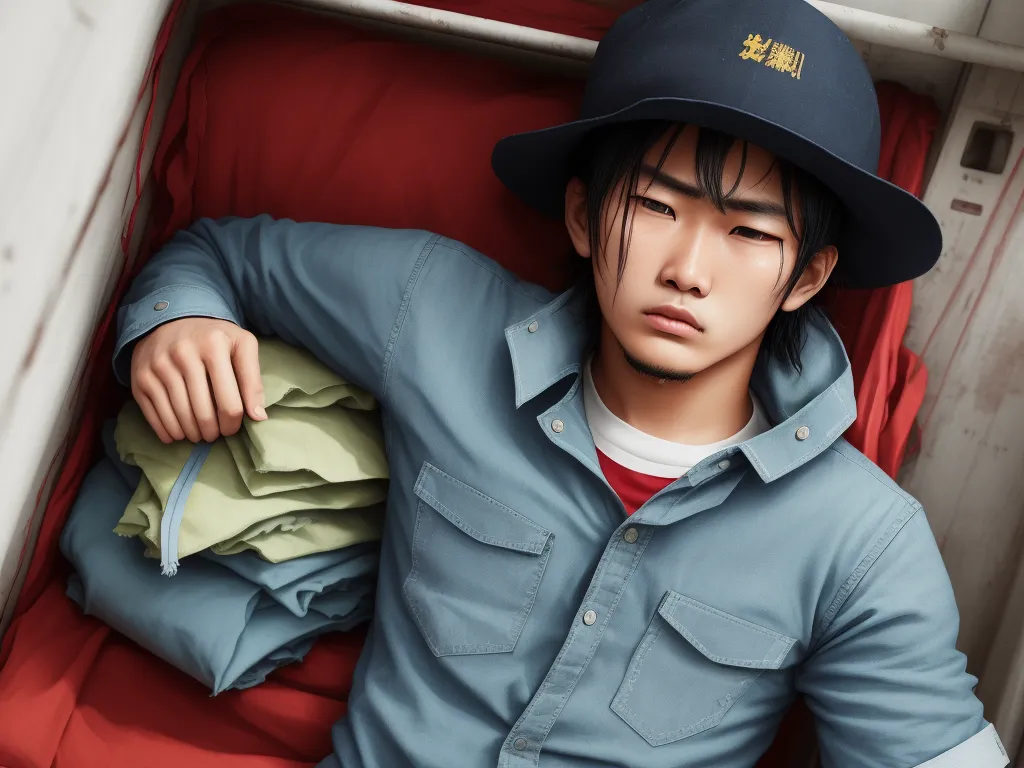 high resolution - a man in a hat is sitting on a red couch with a blue shirt and a green shirt on, by Hayao Miyazaki
