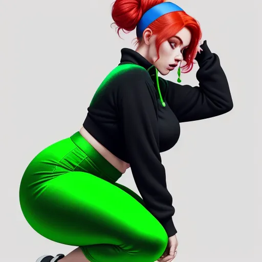 a woman with red hair and green pants is posing for a picture in a black top and green pants, by Lois van Baarle
