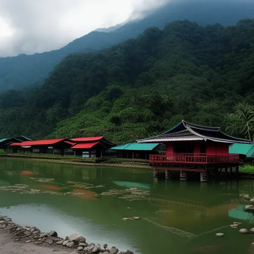 a group of houses sitting on top of a river next to a lush green hillside covered in trees and mountains, by Chen Daofu