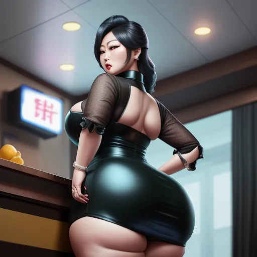 a woman in a black dress is standing in a room with a counter and a neon sign behind her, by Chen Daofu