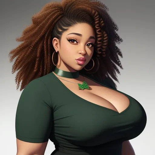 free online upscaler - a woman with a green top and a green necklace on her neck and a green necklace on her neck, by Hirohiko Araki