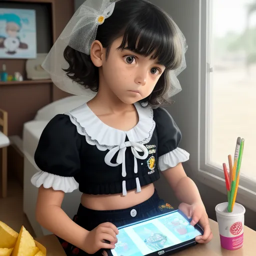 ai images generator - a little girl in a black and white outfit holding a tablet computer and a cup of fries in front of her, by Leiji Matsumoto