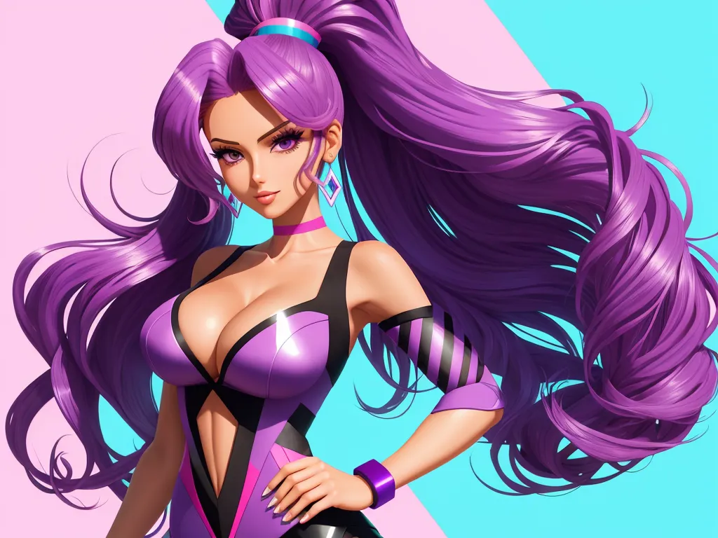 upscale images - a cartoon of a woman with purple hair and a purple outfit on, with a pink background and a blue and pink background, by Hirohiko Araki