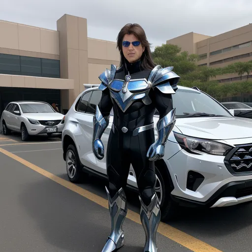 a woman in a futuristic suit standing in front of a car in a parking lot with a suv behind her, by Baiōken Eishun