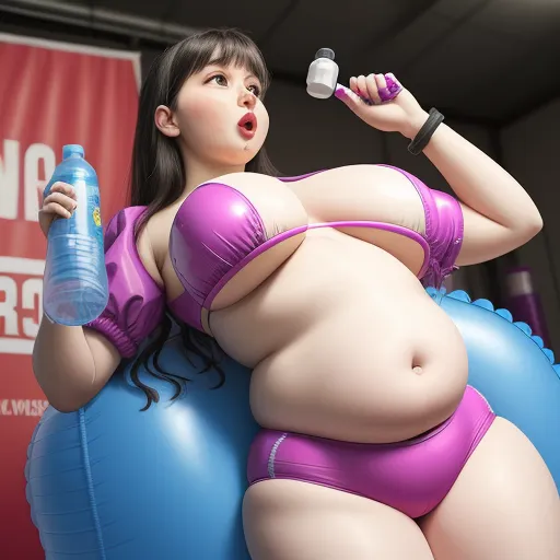 what is high resolution photo - a woman in a bikini holding a water bottle and a bottle of water on a blue ball while standing on a stage, by Terada Katsuya
