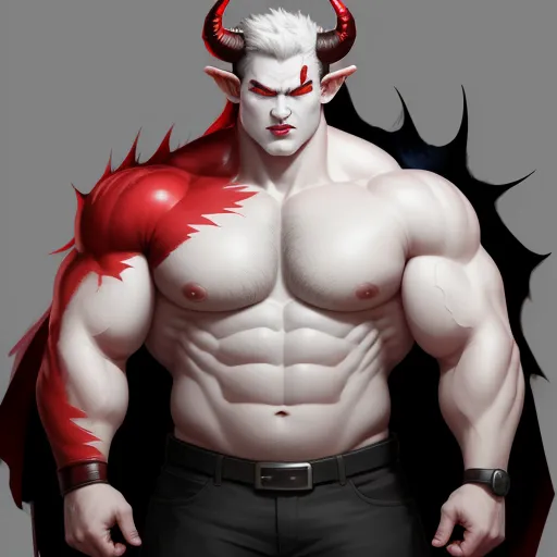 a man with a horned head and horns on his head and a red demon on his chest, standing in front of a gray background, by Chen Daofu