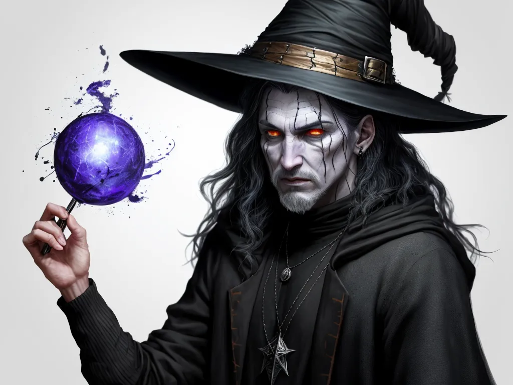 increase resolution of image - a man in a witches hat holding a purple ball with a spooky face on it's head, by Antonio J. Manzanedo