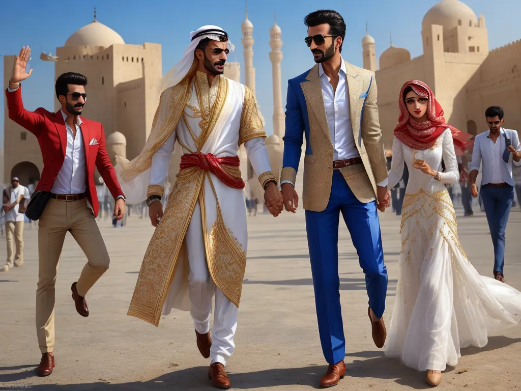 a man and woman dressed in traditional arabic clothing walking in front of a building with a man in a turban, by Hendrik van Steenwijk I