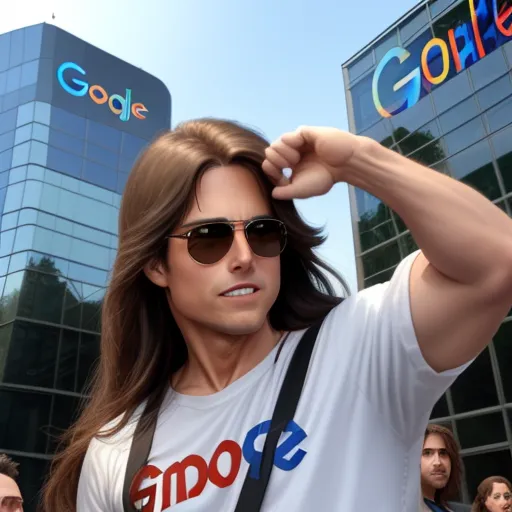 ai generated images from text - a man with sunglasses on his head and a group of people behind him in front of a building with a google logo, by Kent Monkman