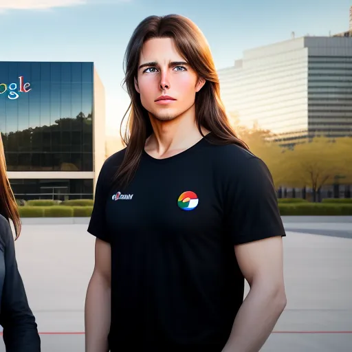 what is high resolution photo - a woman and a man standing in front of a building with a google logo on it's chest, by Kent Monkman