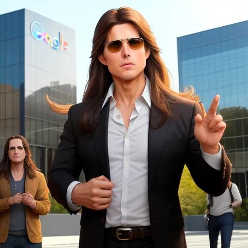 generate picture from text - a woman in a suit and sunglasses pointing at the camera with a man in the background behind her with a google logo on the building, by Dan Smith