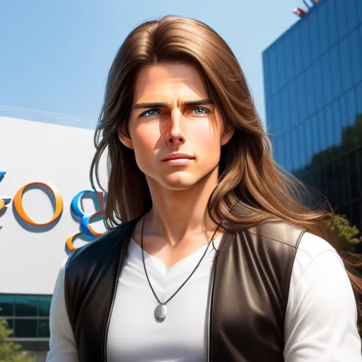 image generator from text - a woman standing in front of a google sign with a building in the background and a google logo on the wall, by Dan Smith