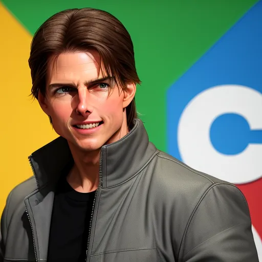 convert photo into 4k - a man with a black shirt and a gray jacket and a colorful background with a google logo on it, by Terada Katsuya