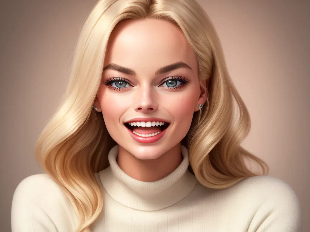 text-to-image ai - a woman with blonde hair and blue eyes smiling at the camera with a smile on her face and a white sweater, by Daniela Uhlig