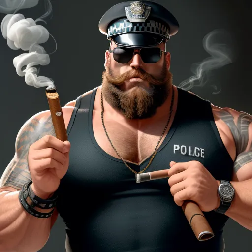 a man with a beard and a police hat holding a cigarette and a cigarette lighter in his hand and wearing a police uniform, by Lois van Baarle