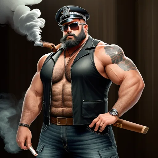 lower res - a man with a beard and a hat smoking a cigarette and wearing a leather vest and hat with a cigarette in his mouth, by Botero