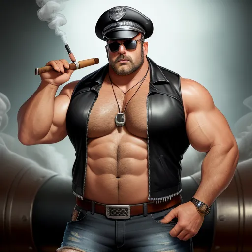 text to ai generated image - a man with a hat and sunglasses smoking a cigarette and wearing a leather vest and hat with a cigarette in his hand, by Botero