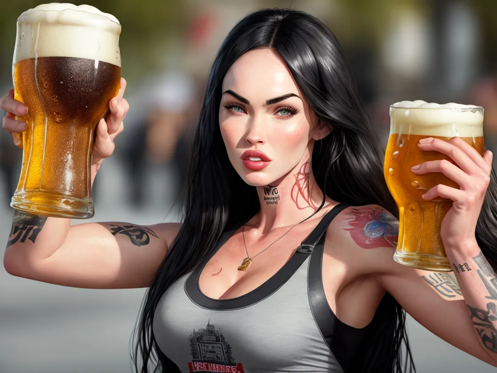 ai image generator from image - a woman holding two mugs of beer in her hands and a man with tattoos on his arm behind her, by Terada Katsuya