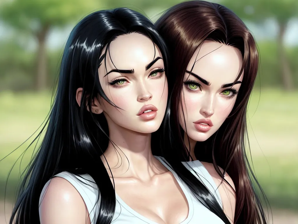 ai created images - two beautiful women with long hair and green eyes are posing for a picture together in a park area,, by Daniela Uhlig