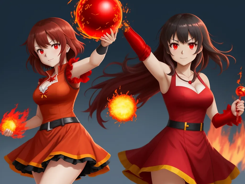 pixel to inches conversion - two anime girls with red hair and red eyes holding a red ball and a red flame ball in their hands, by theCHAMBA