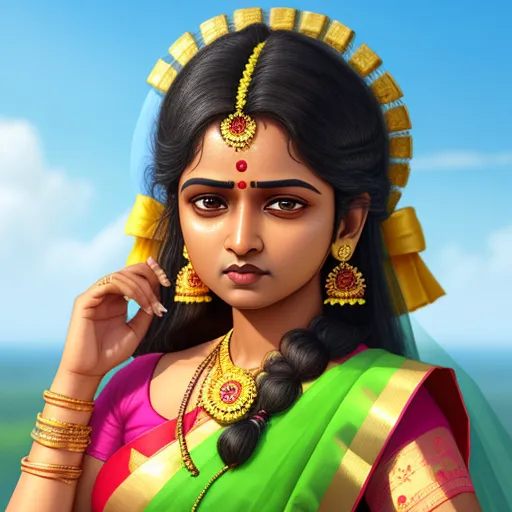 text-to-image ai generator - a woman in a green and yellow sari with a necklace and earrings on her head and a sky background, by Raja Ravi Varma