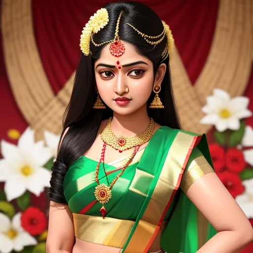 a woman in a green and gold sari with a flower arrangement behind her head and a red and white background, by Hirohiko Araki