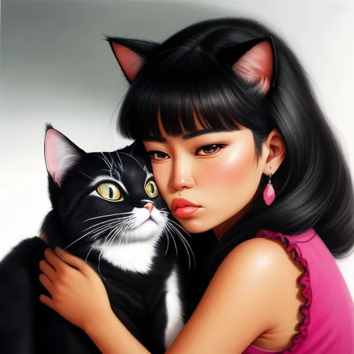 a woman holding a black and white cat in her arms and a pink dress on her shoulder and a white background, by Daniela Uhlig